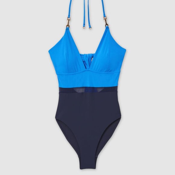 NWOT Reiss Daisy Blue/Navy Colorblock Halter Tie Back Swimsuit, Size 10 - Picture 1 of 11